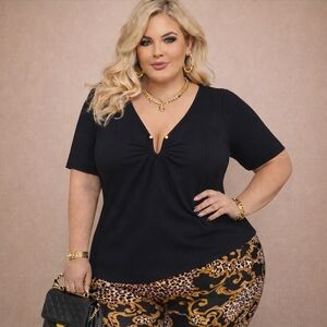 Black Ruched Ribbed Top w/ Gold Adjustable U-Hook Detail | Shein Curve | 3XL